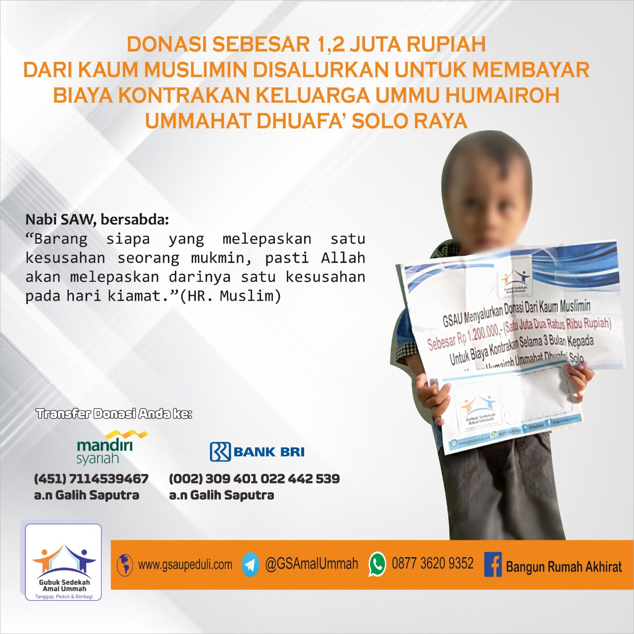 Donasi Sebesar 1,2 Juta Rupiah Dari Kaum Muslimin Disalurkan Untuk Membayar Biaya Kontrakan Keluarga Ummu Humairoh Ummahat Dhuafa’ Solo Raya