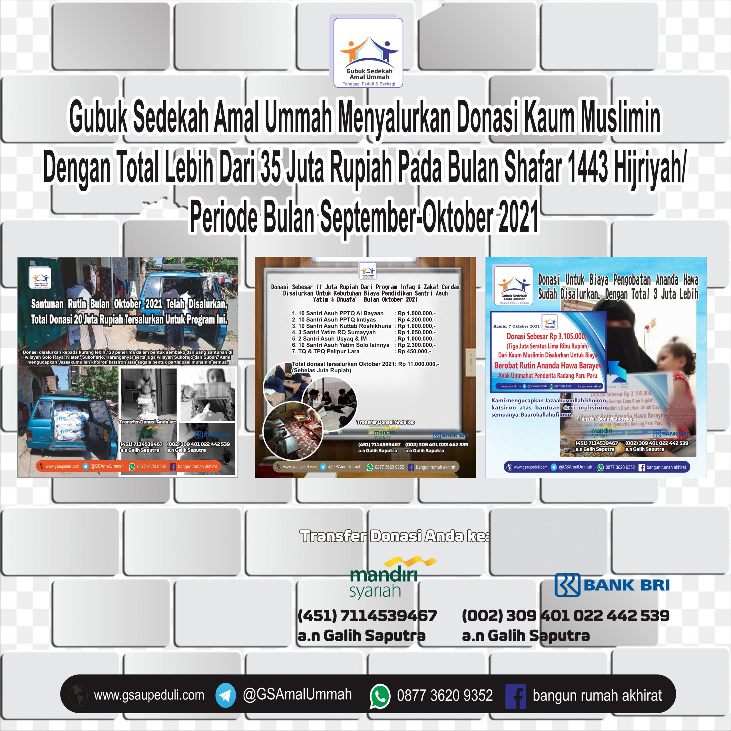Total Donasi Lebih Dari 35 Juta Rupiah Disalurkan Oleh Gubuk Sedekah Amal Ummah Selama Bulan Shofar 1443 Hiriyah/Periode September-Oktober 2021
