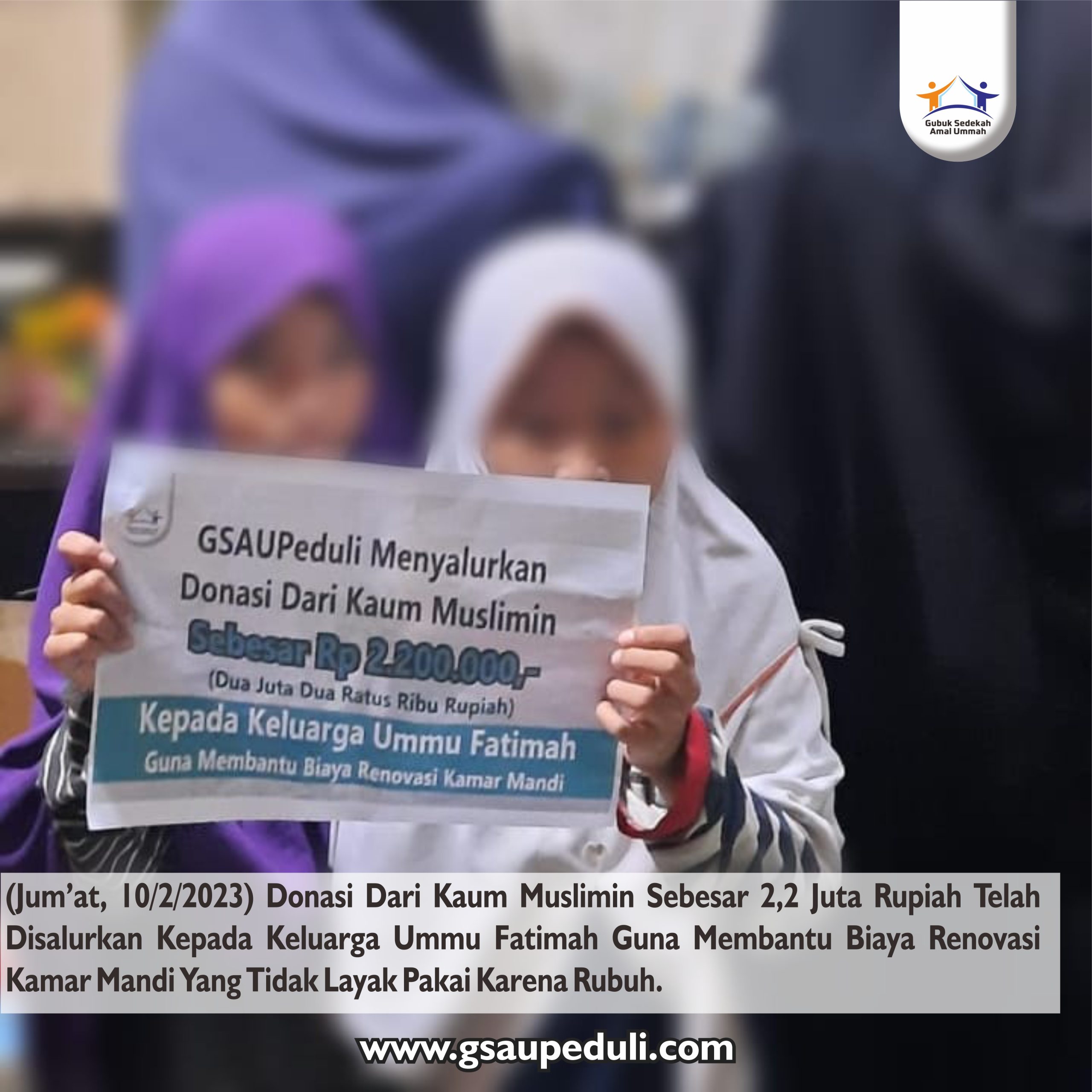 Donasi Bantuan Biaya Renovasi Kamar Mandi Sebesar 2,2 Juta Rupiah Telah Disalurkan Kepada Keluarga Ummu Fatimah Cirebon