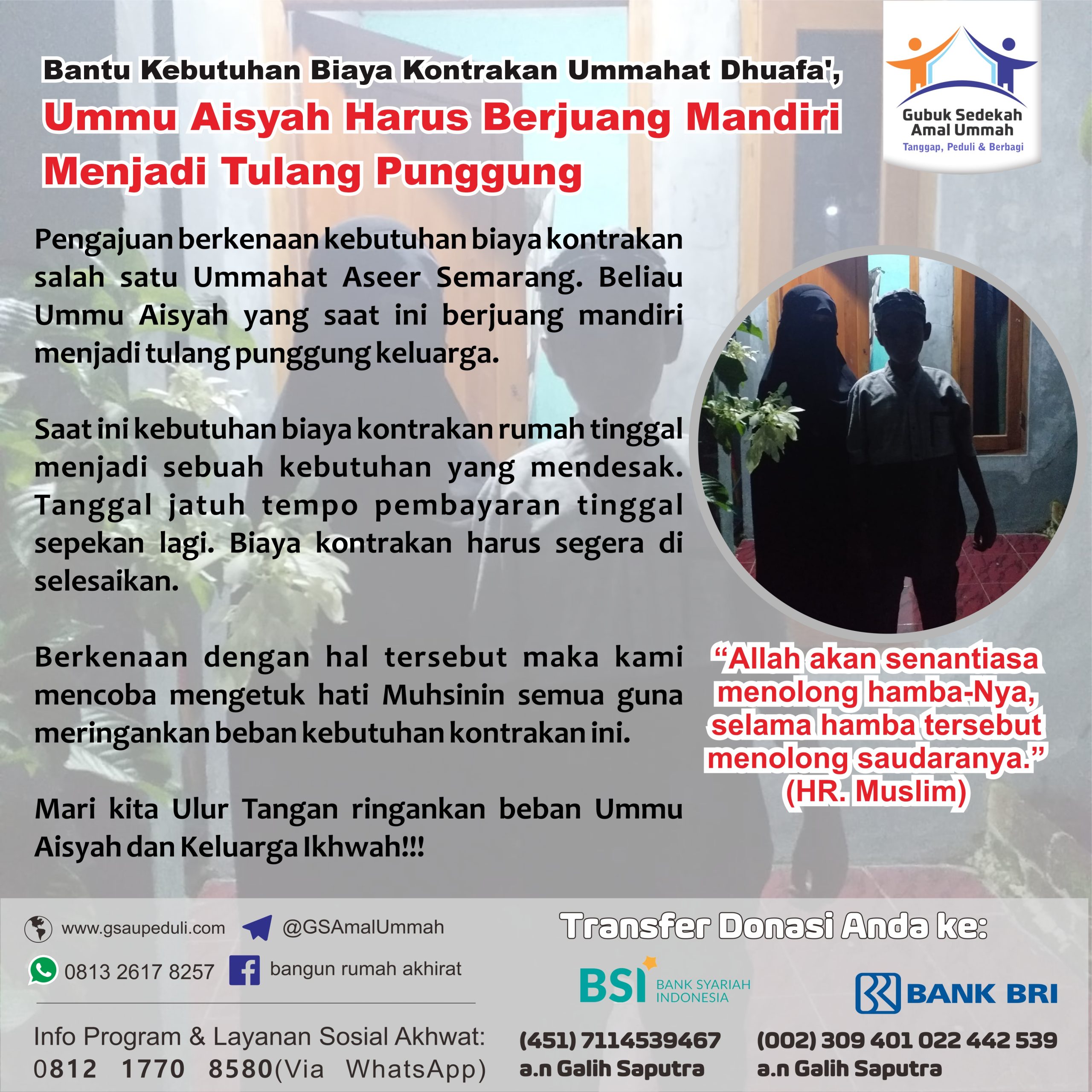 Bantu Kebutuhan Biaya Kontrakan Ummahat Dhuafa’, Ummu Aisyah Harus Berjuang Mandiri Menjadi Tulang Punggung