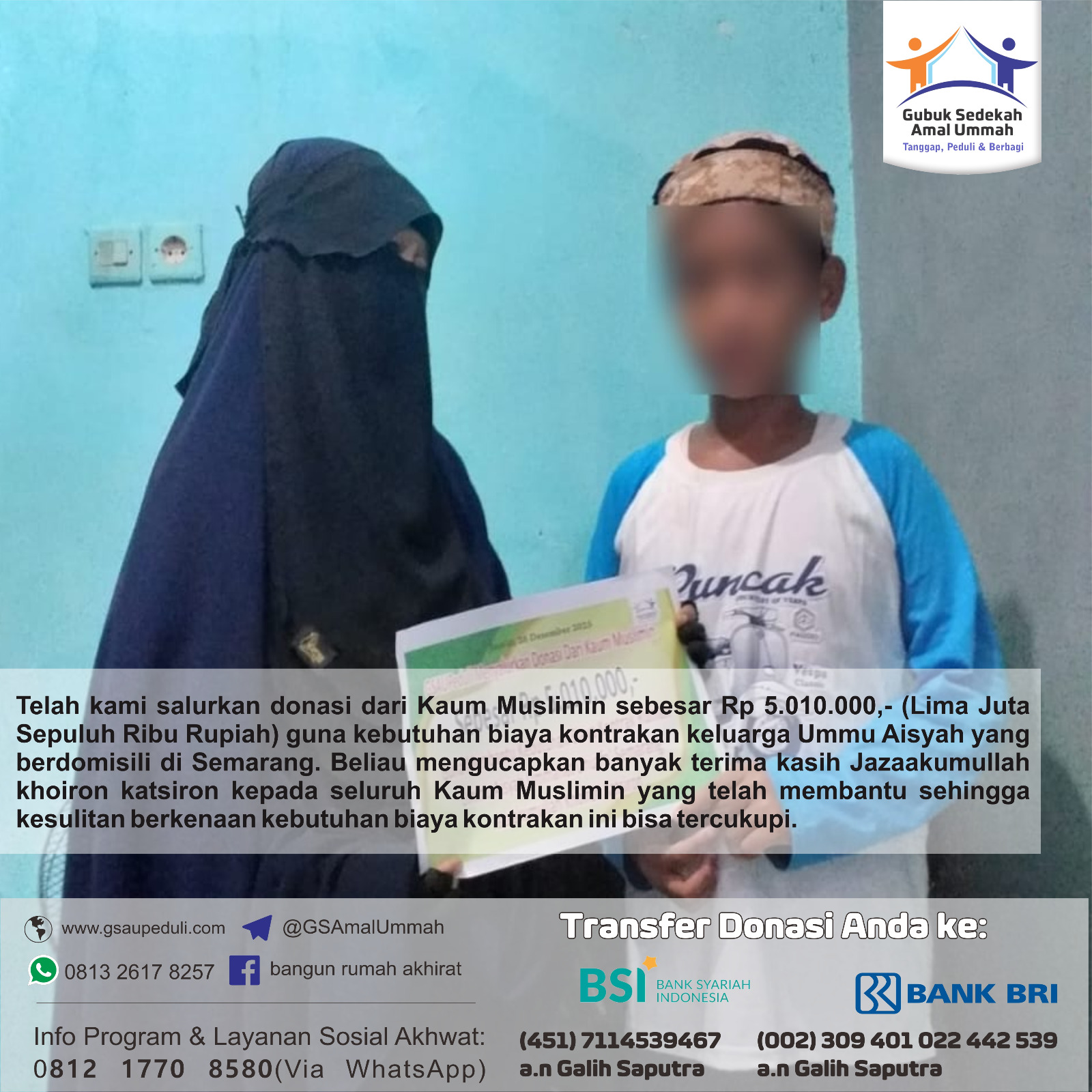 Donasi Dari Kaum Muslimin Telah Disalurkan Guna Kebutuhan Kontrakan Ummu Aisyah Semarang