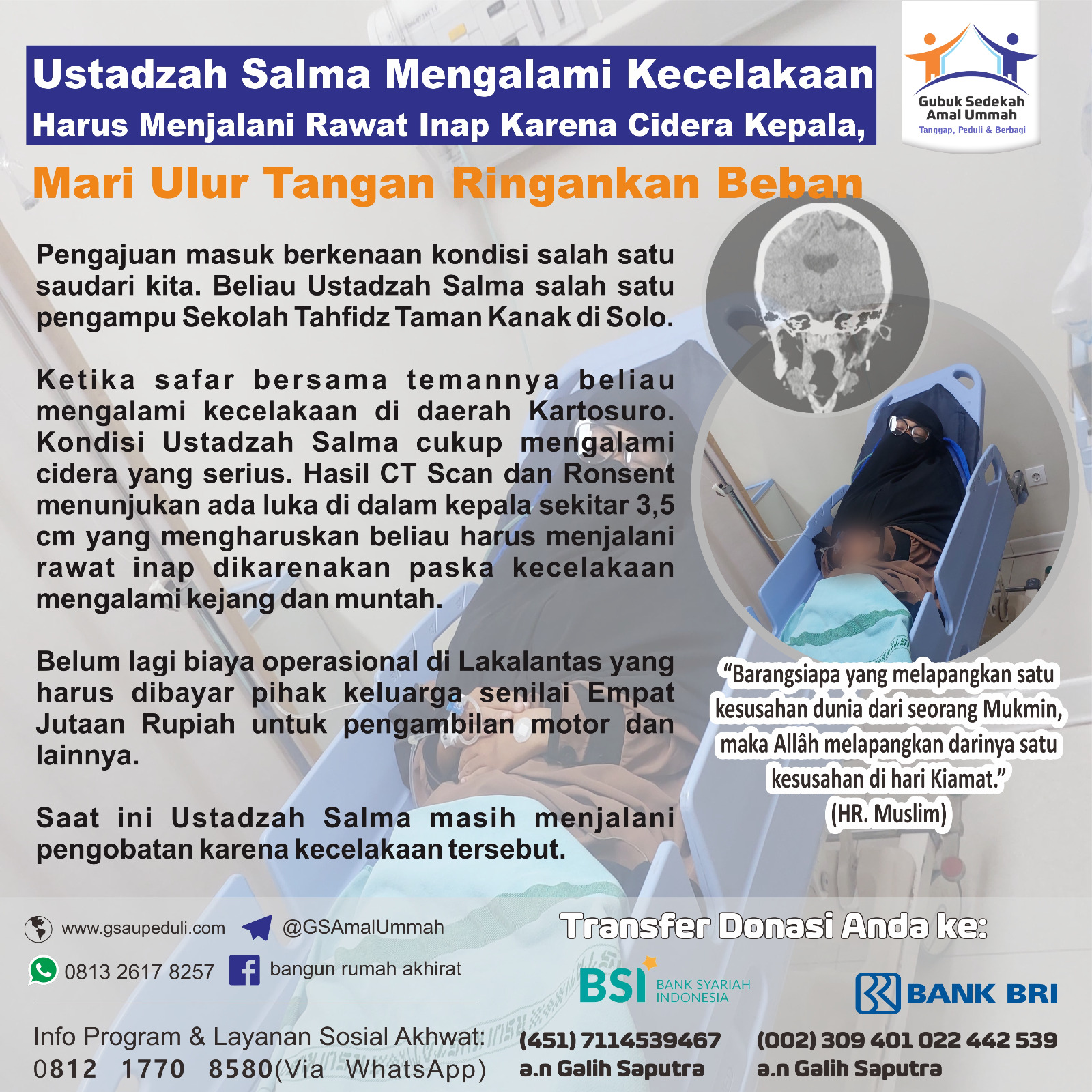 Ustadzah Salma Mengalami Kecelakaan Harus Menjalani Rawat Inap Karena Cidera Kepala, Mari Ulur Tangan Ringankan Beban