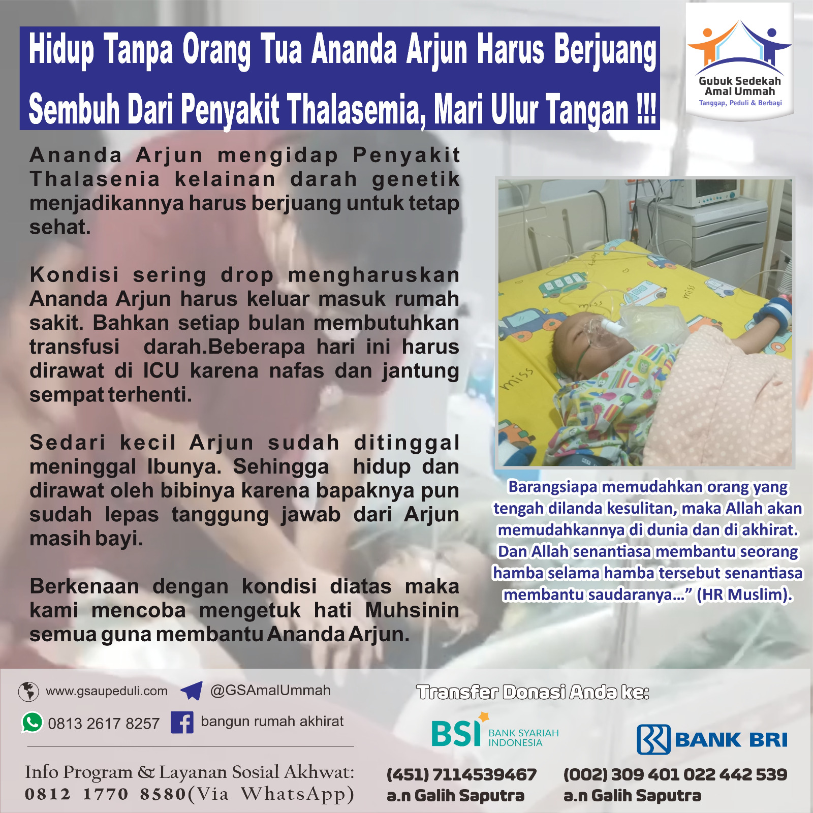 Hidup Tanpa Orang Tua Ananda Arjun Harus Berjuang Sembuh Dari Penyakit Thalasemia, Mari Ulur Tangan !!!