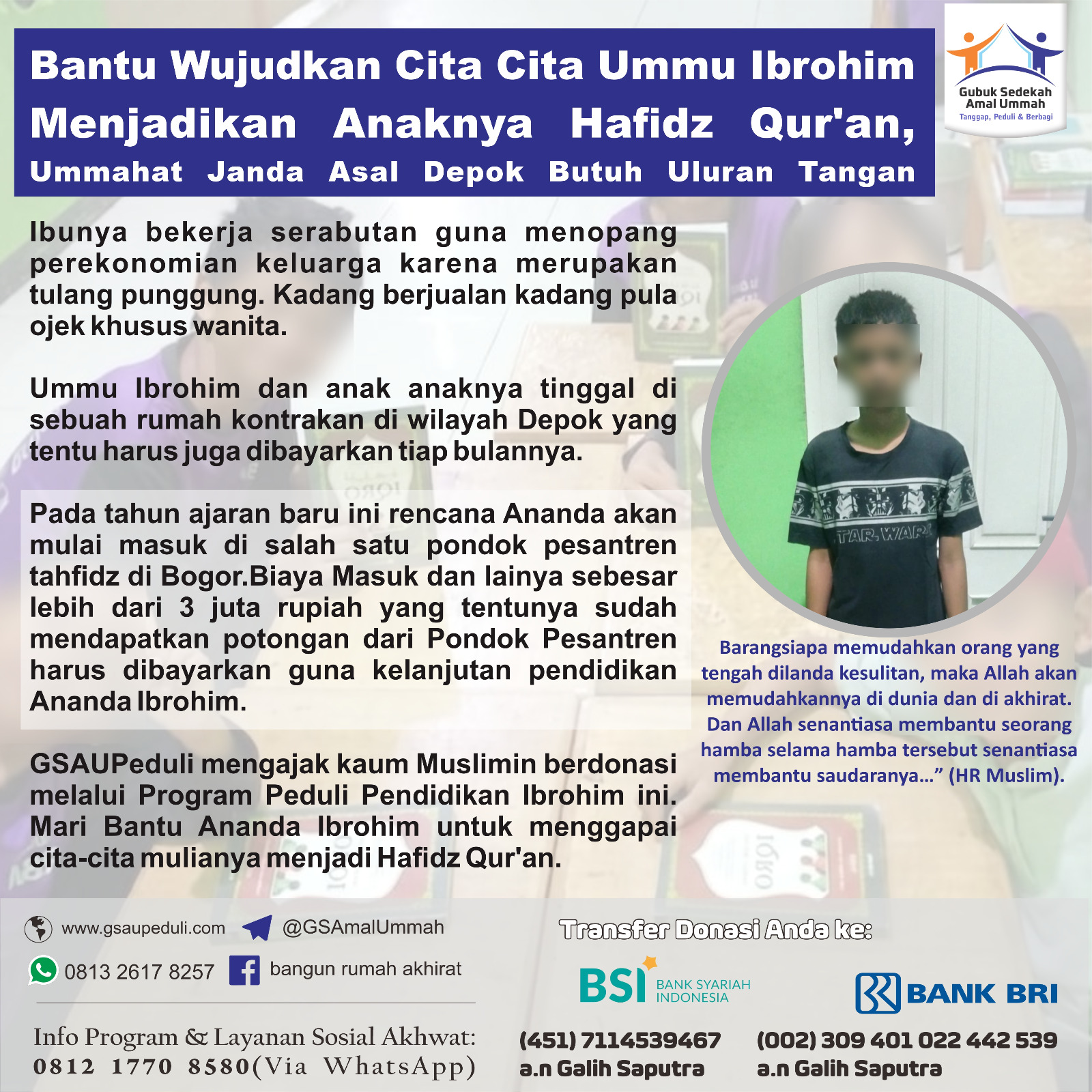 `Bantu Wujudkan Cita Cita Ummu Ibrohim Menjadikan Anaknya Hafidz Qur’an, Ummahat Janda Asal Depok Butuh Uluran Tangan`