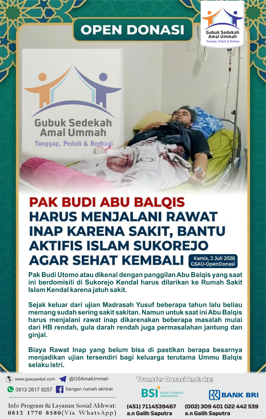 Pak Budi Abu Balqis Harus Menjalani Rawat Inap Karena Sakit, Bantu Aktifis Islam Sukorejo Agar Sehat Kembali